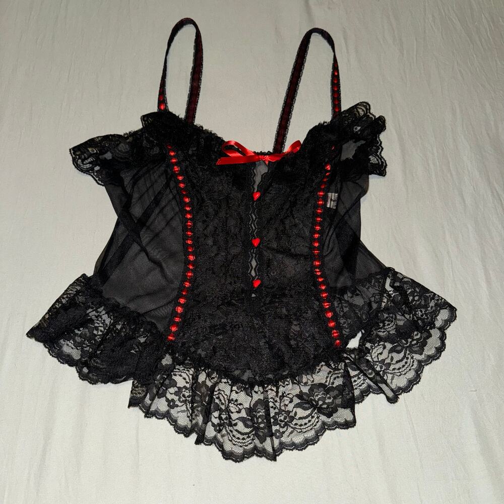 Vintage 1980s Duet Black Lace Red Heart Lingerie Cami Women's Plus 1x Victorian